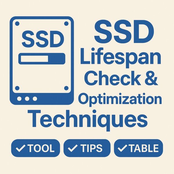 Thumbnail image for article 'SSD Lifespan Check & Optimization Techniques' featuring an SSD icon, progress bar, and checklist-style keywords Tool, Tips, and Table in blue modern design.