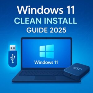 A modern digital illustration of a laptop with the Windows 11 logo on the screen, surrounded by a glowing USB stick and an external SSD drive. The background shows a clean blue gradient with subtle circuit patterns, symbolizing reinstalling Windows from scratch. Text overlay: “Windows 11 Clean Install Guide 2025”.