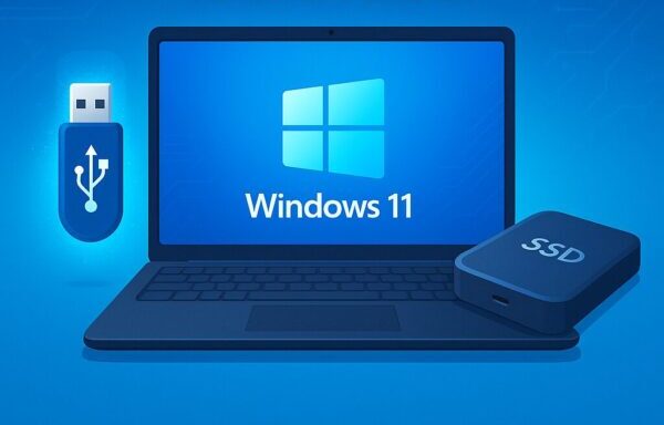 A modern digital illustration of a laptop with the Windows 11 logo on the screen, surrounded by a glowing USB stick and an external SSD drive. The background shows a clean blue gradient with subtle circuit patterns, symbolizing reinstalling Windows from scratch. Text overlay: “Windows 11 Clean Install .
