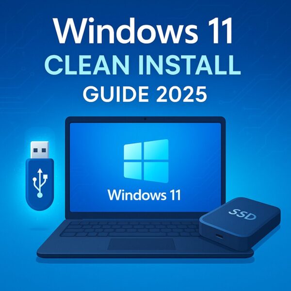 A modern digital illustration of a laptop with the Windows 11 logo on the screen, surrounded by a glowing USB stick and an external SSD drive. The background shows a clean blue gradient with subtle circuit patterns, symbolizing reinstalling Windows from scratch. Text overlay: “Windows 11 Clean Install Guide 2025”.