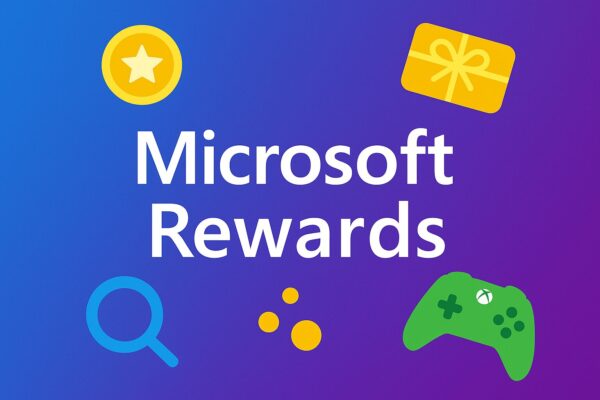 Microsoft Rewardsの仕組みをイメージしたアイキャッチ画像。中央に大きく「Microsoft Rewards」と表示され、周囲にギフトカードやXbox、検索アイコンが散りばめられている。