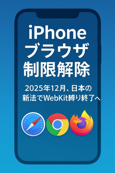 青い背景にiPhoneのシルエットが描かれ、「iPhone ブラウザ制限解除」「2025年12月、日本の新法でWebKit縛り終了へ」と表示。下部にはSafari、Chrome、Firefoxのアイコンが並ぶアイキャッチ画像。