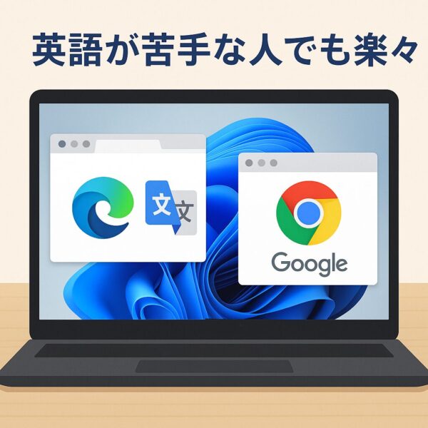 Illustration of a Windows 11 laptop screen showing Microsoft Edge and Google Chrome browser windows with translation icons, highlighting that even users who struggle with English can read content easily.