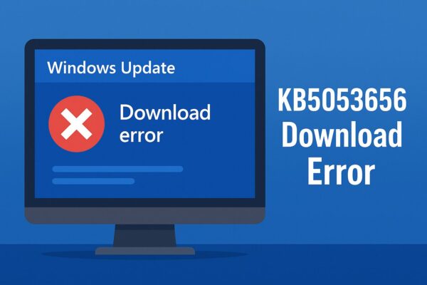 Illustration of a Windows Update screen showing a red error icon with the message “KB5053656 Download Error” on a computer monitor, symbolizing update failure.