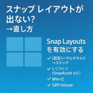 青系のアイキャッチ画像。「スナップ レイアウトが出ない？→直し方」と見出しがあり、Snap Layouts を有効にする手順（設定→マルチタスク→スナップ／レジストリ／Win+Z／GPP・Intune）の要点を示す図解