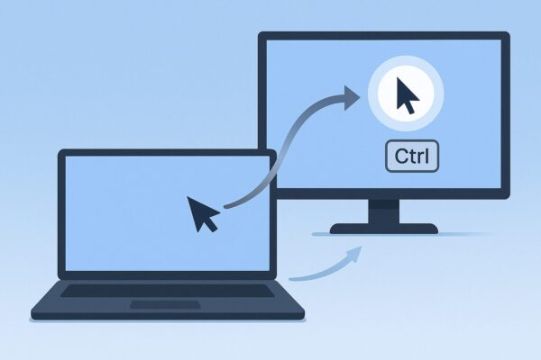 Dual-monitor setup with a spotlight highlighting the mouse cursor and a “Ctrl” key hint, illustrating how to locate the pointer quickly.