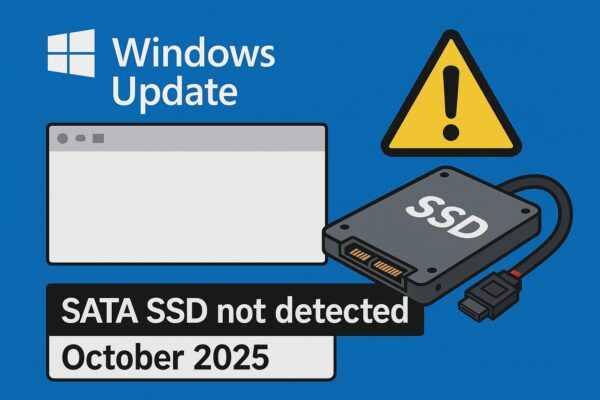 Illustration showing a Windows Update panel, a yellow warning sign, and a SATA SSD/cable labeled “SATA SSD not detected — October 2025.”