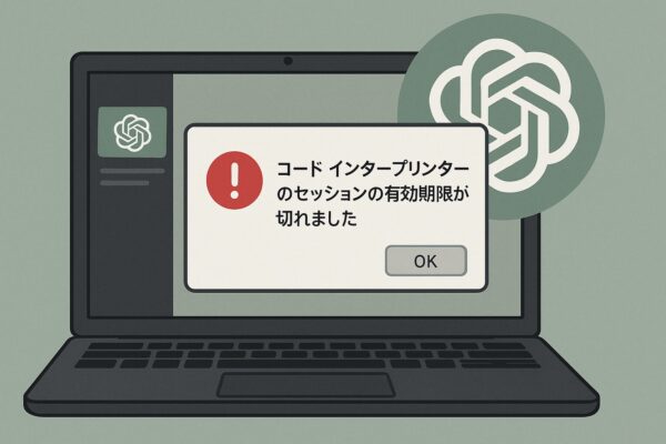 Windows PCでChatGPTの生成画像を保存しようとした際に『コード インタープリンターのセッションの有効期限が切れました』と表示されるエラーをイメージしたイラスト。パソコン画面に赤い警告マークが浮かび上がっているデザイン