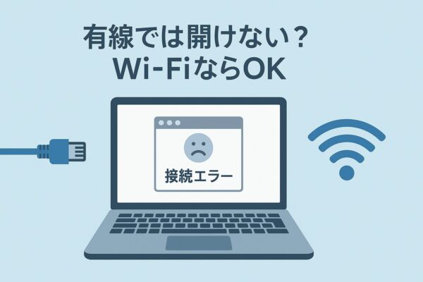 Wi-Fiでは開くのに有線LANではエラーになるWindowsPCを描いたイラスト