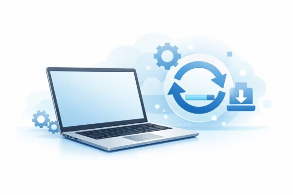 手動でWindows Updateを適用するイメージ（ノートPCと更新アイコン、ダウンロード・歯車のアイコンが並ぶシンプルなイラスト）