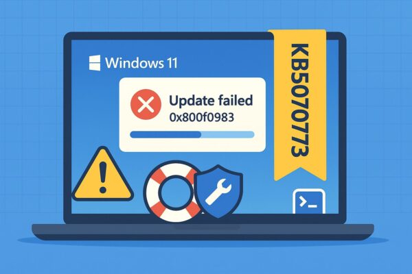 Windows 11の更新KB5070773で0x800f0983エラーが出て失敗する様子を示すイラスト。修復（DISM/SFC）と回復パーティションのアイコン入り。