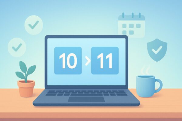 Windows 10のPCを活かしながらWindows 11への移行を見据えるイメージ。ノートPC画面に「10→11」、周囲にチェックマークとカレンダー・盾アイコン、机上に観葉植物とマグカップ。