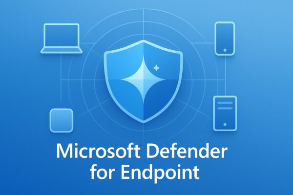 Microsoft Defender for Endpointの青い盾アイコンを中心に、PC・スマホ・サーバーが放射状に接続されたイラスト。企業端末の保護とXDR連携を表現。
