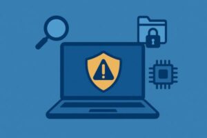 Microsoft Defenderが正規アプリを誤検知したケースの対処を示すイラスト。警告アイコンと、ASR・CFA・脆弱ドライバ（WinRing0）の3要素を象徴するピクトグラムが並ぶ
