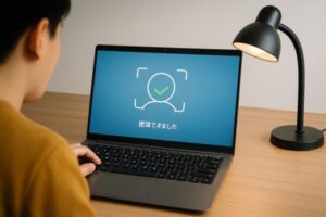 Windows Helloで「顔認証が使えない」原因と直し方【2025年版】 1 Windows Helloの顔認証が失敗しているノートPCのロック画面。暗い環境とデスクライトの対比で、照明不足が原因になり得る状況を示している。