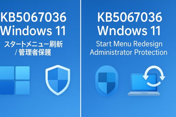 Windows 11 更新「KB5067036」の告知用アイキャッチ。青いグラデーション背景に「スタートメニュー刷新」「管理者保護」の文字と、スタートメニュー・シールド・更新アイコンを配置。