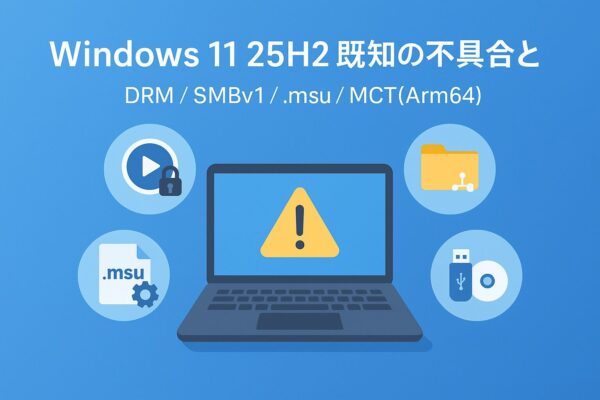 Windows 11 25H2の既知の不具合と回避策を示すアイキャッチ。青い背景にノートPCと警告アイコン、その周囲に「DRM」「共有フォルダ（SMB）」「.msuインストーラー」「USB＋ディスク（インストールメディア）」を表す4つのピクトグラムが並ぶ。ロゴ不使用のフラットデザイン。