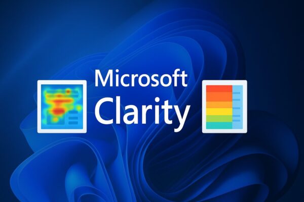 Microsoft Clarity dashboard showing website heatmaps and click analysis visualized in blue tones.