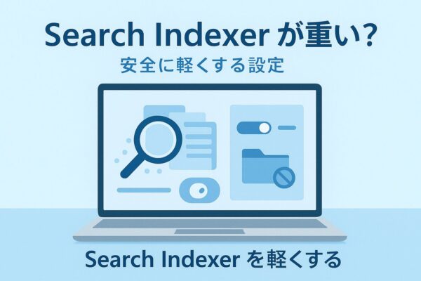 WindowsのSearch Indexerが重いときの原因と安全な対処を表すアイキャッチ。ノートPC画面に拡大鏡・ファイル・設定トグル・除外フォルダー・CPUメーターのアイコンが並ぶ、青系フラットイラスト。タイトル「Search Indexer が重い？ 安全に軽くする設定」入り。