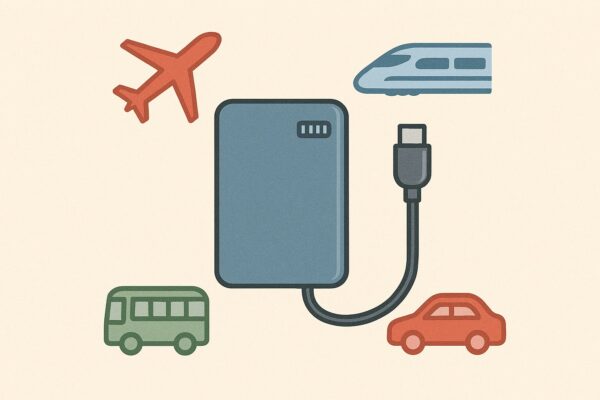 おでかけ前の乗り物別の充電術 | 移動中“電池切れゼロ”にする方法【2025年最新版】 1 年末年始の移動を想定したモバイルバッテリーとUSB-Cケーブルのイラスト。周囲に飛行機・新幹線・バス・車のアイコンが並ぶ、旅行と充電を象徴する共用アイキャッチ。
