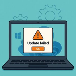 How to Fix Windows 11 Update Error KB5066835 (Build 26100.6899 / 26200.6899) 1 Flat illustration: A Windows 11 laptop showing an “Update failed” dialog with a warning icon, subtle system gears in the background. Accent colors: cyan + orange highlights (avoid full blue wash). Clean tech style, high contrast, no text clutter.