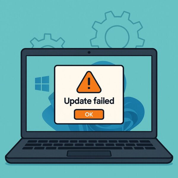 Flat illustration: A Windows 11 laptop showing an “Update failed” dialog with a warning icon, subtle system gears in the background. Accent colors: cyan + orange highlights (avoid full blue wash). Clean tech style, high contrast, no text clutter.