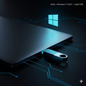 最短でWindows 11 25H2へ:Rufusで“失敗しない”USB作成とインストール手順 1 RufusでWindows 11 25H2のインストールUSBを作成するイメージ(発光するUSBメモリとWindowsロゴの光)