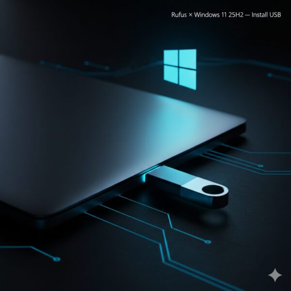 RufusでWindows 11 25H2のインストールUSBを作成するイメージ（発光するUSBメモリとWindowsロゴの光）