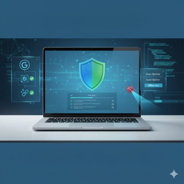 Illustration of a Windows PC screen with a shield icon and scan progress bar, representing a virus scan without installing extra antivirus software.