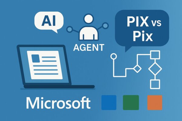 MicrosoftのAIエージェントと“PIX vs Pix”の違いをまとめたアイキャッチ。青いグラデーション背景に、ノートPC、AGENTのアイコン、AIの吹き出し、フローチャート、“PIX vs Pix”の吹き出しを配したフラットデザイン（ロゴ不使用）