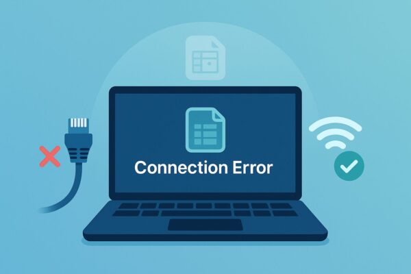 Google Sheets Works on Wi-Fi but Not on Ethernet? Here’s the Fix for Windows 1 Illustration showing a laptop displaying a “Connection Error” message, with a blue Ethernet cable on the left and a Wi-Fi signal icon glowing on the right — symbolizing the contrast between wired and wireless connections.