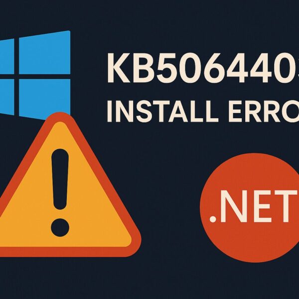 “Windows 11 KB5064403 installation error illustration with a warning icon, Windows logo, ‘KB5064403 INSTALL ERROR’ text, and a small .NET label.”