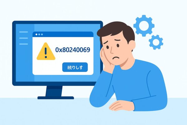 Windows 11 update shows error 0x80240069; user hesitates at the Retry button; warning icon and gears as visual metaphor.