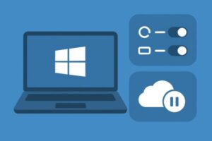 WindowsのノートPC画面と、右側に「アニメーション／透明化」のスイッチと「OneDrive同期の一時停止」アイコンを示すUIカードが並ぶフラットデザイン。視覚効果とOneDriveの見直しで動作を軽くするイメージ。
