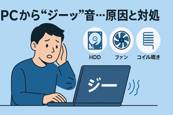 ノートPCの通風口から“ジーッ”音が出て困っているユーザーのイラスト。HDD・ファン・コイル鳴きのアイコンを並べ、原因の切り分けを示す図解。
