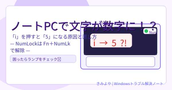 ノートPCで「i」を押すと「5」になる現象をわかりやすく示したアイキャッチ。パステル調の背景にラップトップと「i → 5 ?!」、NumLockランプが点灯しているイラスト。Fn＋NumLk のヒントも記載。