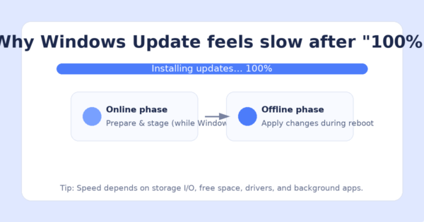 Windows Updateの進行バーが「100％」で止まって見えるが、再起動中の“オフライン適用”で処理が続くことを示す図