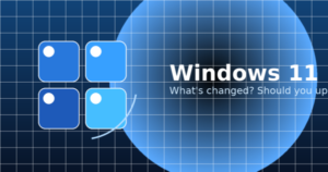 Windows 11 25H2の解説記事用アイキャッチ。青系の抽象タイルと光のグラデーション背景に「Windows 11 25H2」と「What’s changed? Should you update?」の文字を配置した汎用デザイン