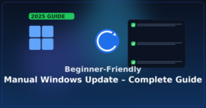 Beginner-friendly guide to manually install Windows Updates in 2025: hero image with Windows logo, update arrow, and checklist.