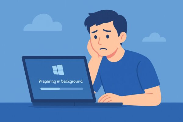 Windowsパソコンの画面に「バックグラウンドで更新準備中」のような進行バーが表示され、前で男性ユーザーが不安そうな表情で画面を見つめているイラスト（青系のシンプルなフラットデザイン）