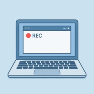 【使わないと損】Windowsで画面を録画する方法|無料で使えるXbox Game BarとClipchampのかんたん手順【2025年版】 1 WindowsノートPCの画面が録画されている様子を描いたイラスト。RECマークの付いたXbox Game Bar風のウィンドウが表示された、シンプルで青系のミニマルデザイン