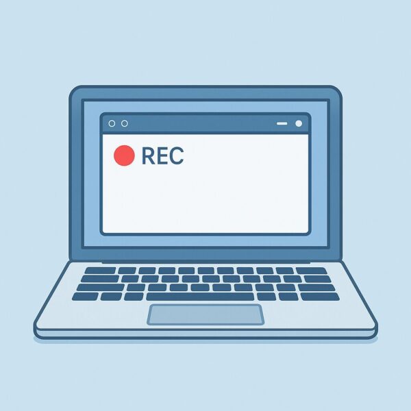 WindowsノートPCの画面が録画されている様子を描いたイラスト。RECマークの付いたXbox Game Bar風のウィンドウが表示された、シンプルで青系のミニマルデザイン