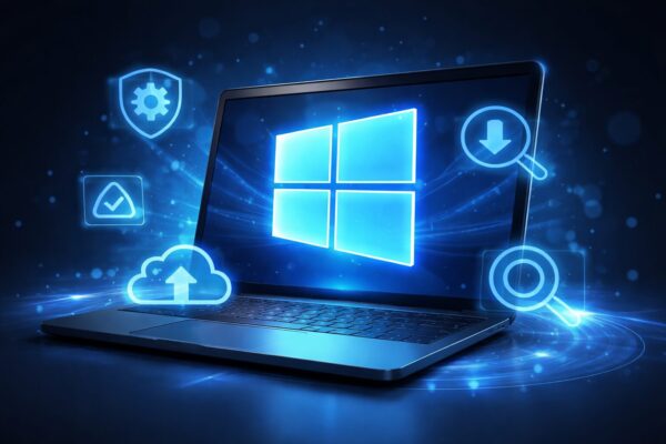 Windows 11 update concept with laptop and system icons for KB5068861 cumulative update