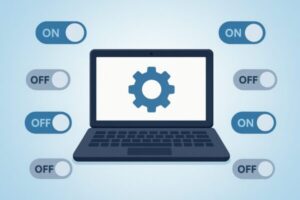 Windows PCの周りに複数の設定スイッチが並び、不要な設定をオフにしてパソコンを軽くしている様子を表現したイラスト。