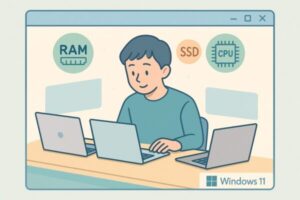 2025年のノートパソコン選びに悩む初心者が、スペック表を見ながらWindows 11搭載ノートPCを比較しているイメージイラスト（メモリやSSDなどの項目がやさしい雰囲気で描かれている）
