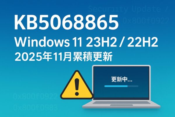 Windows 11 23H2／22H2向け累積更新KB5068865を解説するアイキャッチ画像。青い背景の中央に『KB5068865 Windows 11 23H2 / 22H2 2025年11月累積更新』という文字があり、右側に更新中のノートPCと、エラーや注意喚起をイメージした黄色い警告シールドアイコンが描かれている。