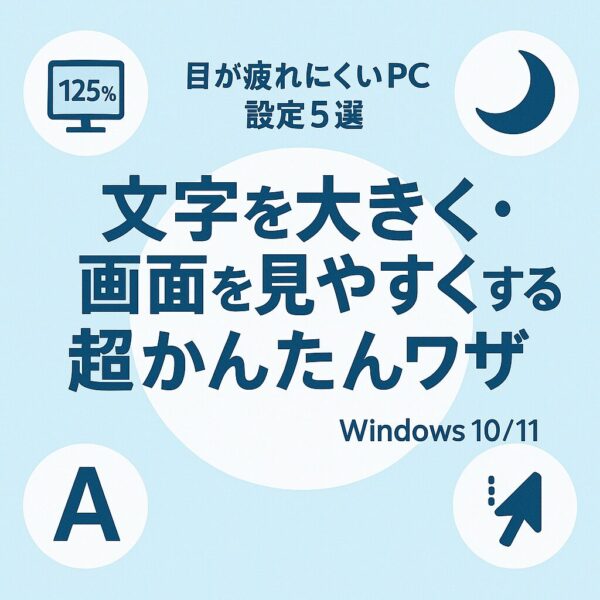 目が疲れにくいPC設定5選を紹介するアイキャッチ画像。文字を大きくする設定や夜間モードなど、Windows 10/11で画面を見やすくする方法を示すシンプルなブルー系デザイン。