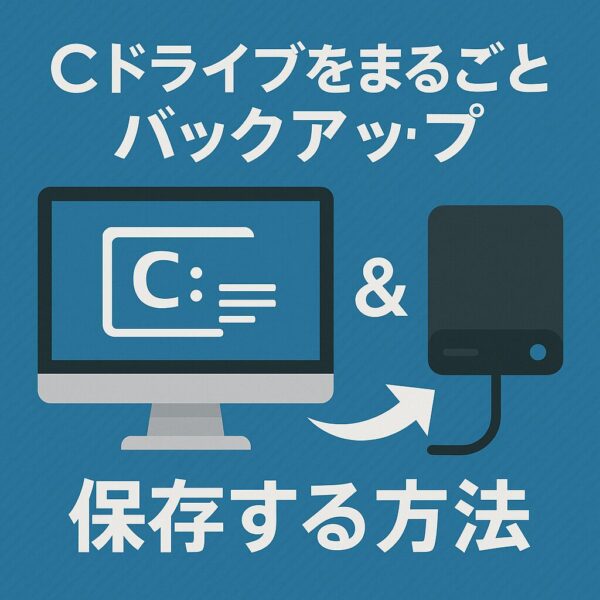 Cドライブを外付けHDDにまるごとバックアップして保存する様子をイメージしたイラスト。パソコン画面の「C:」マークと外付けドライブ、白い矢印と「Cドライブをまるごとバックアップ・保存する方法」という日本語タイトルが描かれている。
