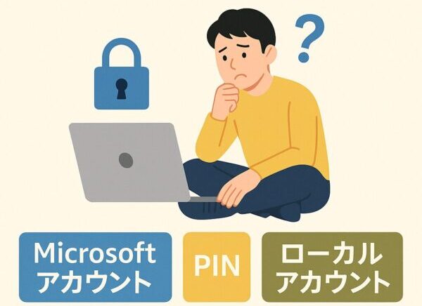 Windowsのパスワードを忘れて困っているユーザーが、ロックされたノートPCを前に悩んでいる様子を描いたイラスト。Microsoftアカウント・PIN・ローカルアカウントの対処を示すアイコン付き。