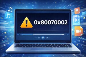 「0x80070002」で動画が再生できない?Windowsのメディアプレーヤーで出る原因と安全に直す手順 1 ノートPCの画面にエラーコード「0x80070002」と警告アイコンが表示されたイメージ。Windows標準のメディア再生エラーを表現したサムネイル。
